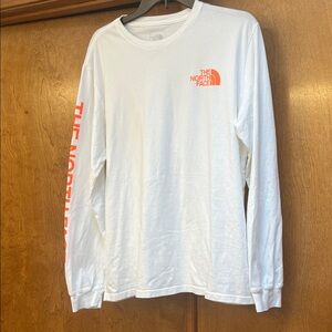 The North Face White Long Sleeve Tee with Orange Accents, Large, Like New.